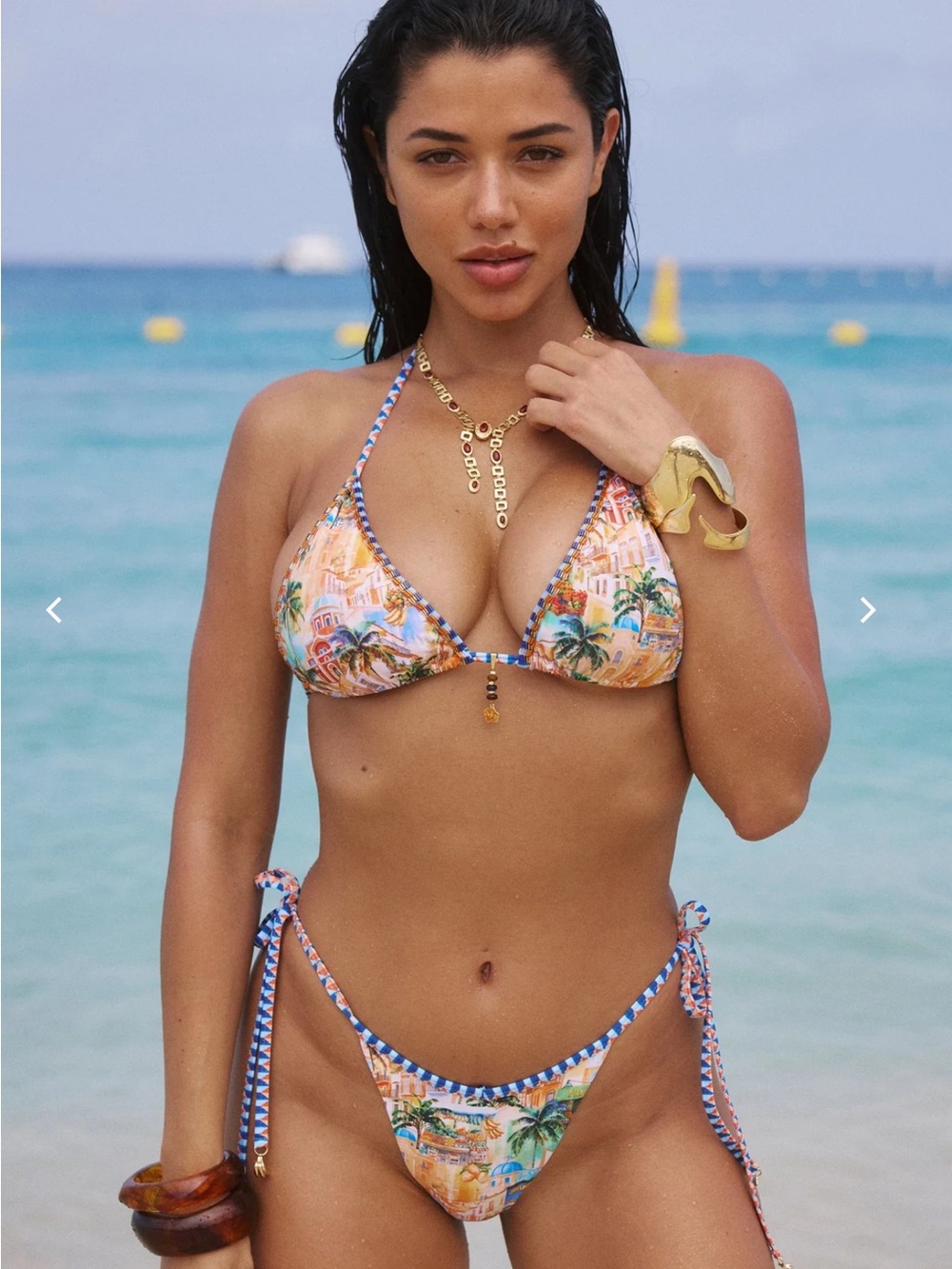 Tropical Print Triangle Bikini Set - Blue & Orange - Picture 2 of 4